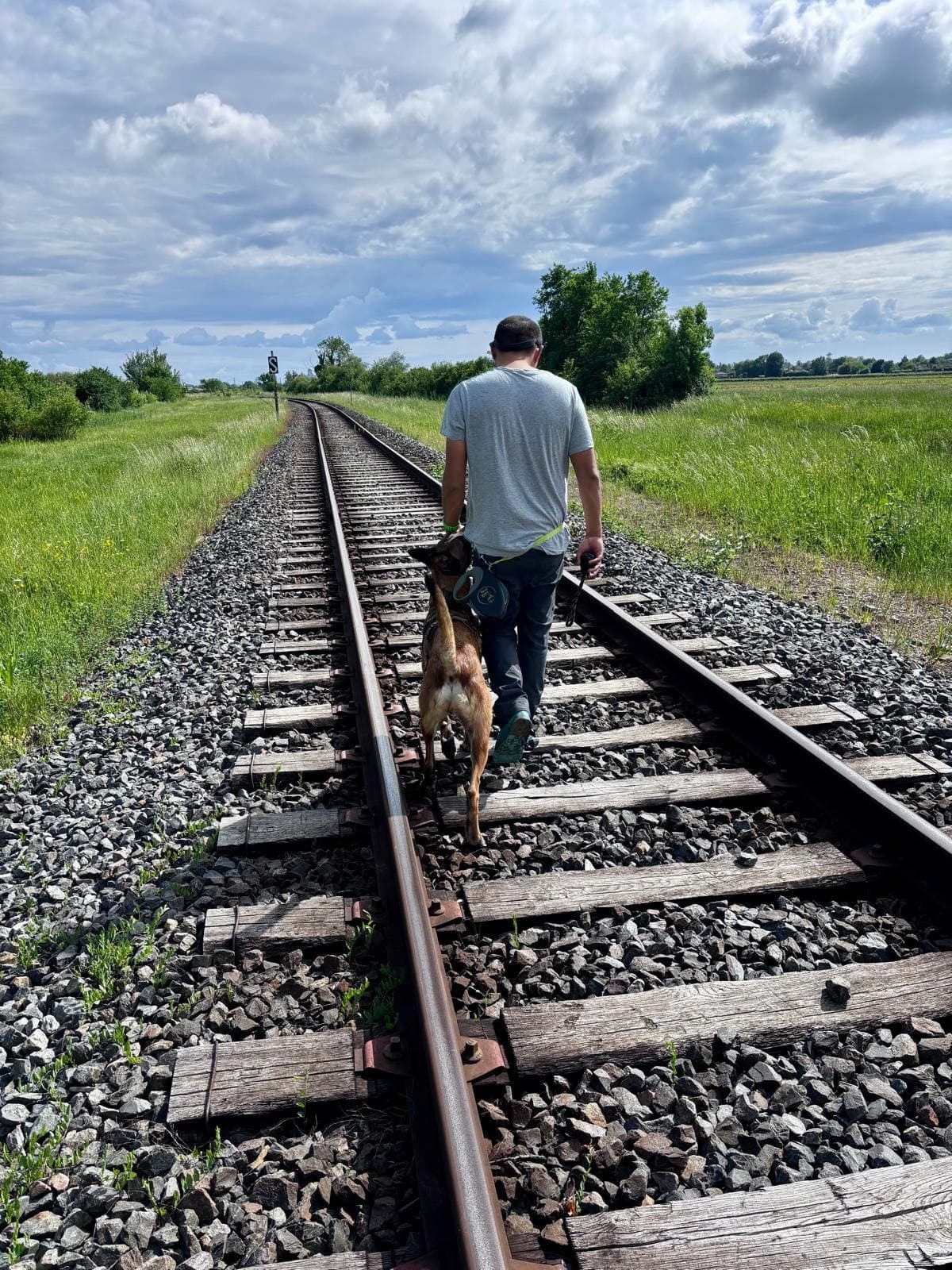 Frédéric et son chien en balade le long d'une voie ferrée